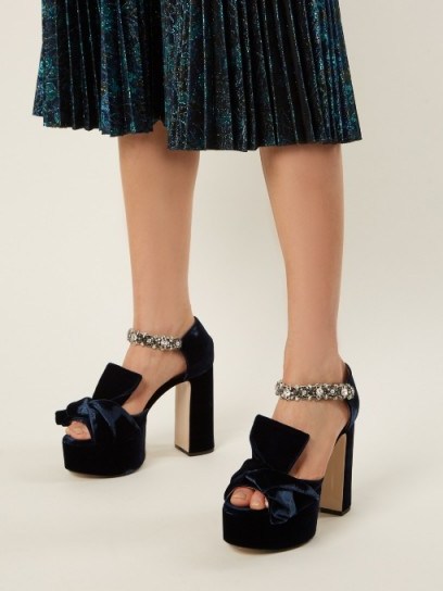 NO. 21 Bow-front velvet block-heel sandals ~ blue crystal embellished chunky platforms - flipped