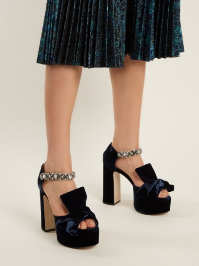 NO. 21 Bow-front velvet block-heel sandals ~ blue crystal embellished chunky platforms