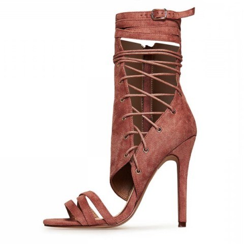EGO Britz Lace Up Heel In Blush Faux Suede - flipped