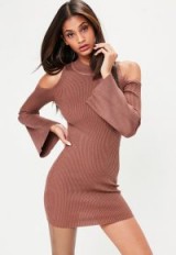 missguided brown cold shoulder flute sleeve mini dress | fine knit dresses