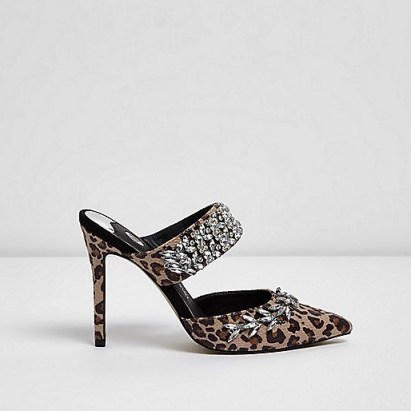 River Island Brown leopard print diamante court heel mules ~ animal prints ~ glamorous high heels - flipped
