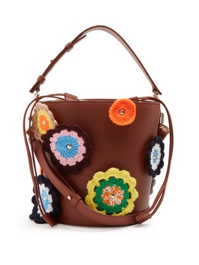 J.W.ANDERSON Bucket crochet-appliqué leather and canvas tote ~ brown floral bags