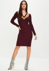 missguided burgundy plunge varsity knitted midi dress | dark red V-neck sweater dresses | knitwear
