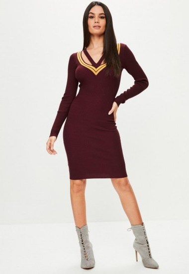 missguided burgundy plunge varsity knitted midi dress | dark red V-neck sweater dresses | knitwear - flipped