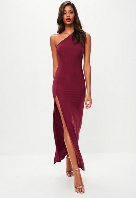 missguided burgundy slinky one shoulder dress – dark red maxi dresses - flipped