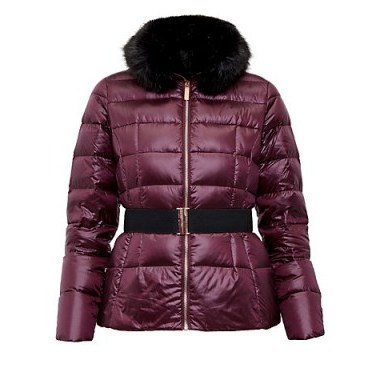 Ted Baker Junnie Quilted Down Filled Jacket, Maroon – dark red faux fur padded jackets - flipped