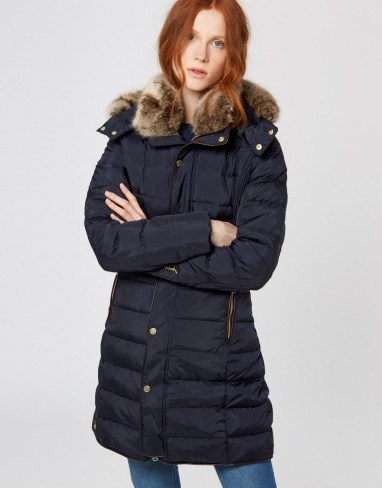JOULES CALDECOTT PADDED COAT / navy winter coats / faux fur hood & collar - flipped