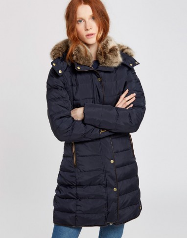 JOULES CALDECOTT PADDED COAT / navy winter coats / faux fur hood & collar