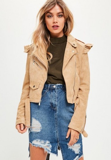 missguided camel frill shoulder faux suede biker jacket – casual autumn jackets - flipped