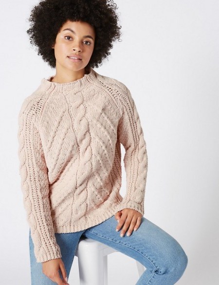 M&S COLLECTION Chenille Cable Funnel Neck Jumper / Marks and Spencer knitwear / blush jumpers - flipped