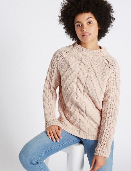 M&S COLLECTION Chenille Cable Funnel Neck Jumper / Marks and Spencer knitwear / blush jumpers