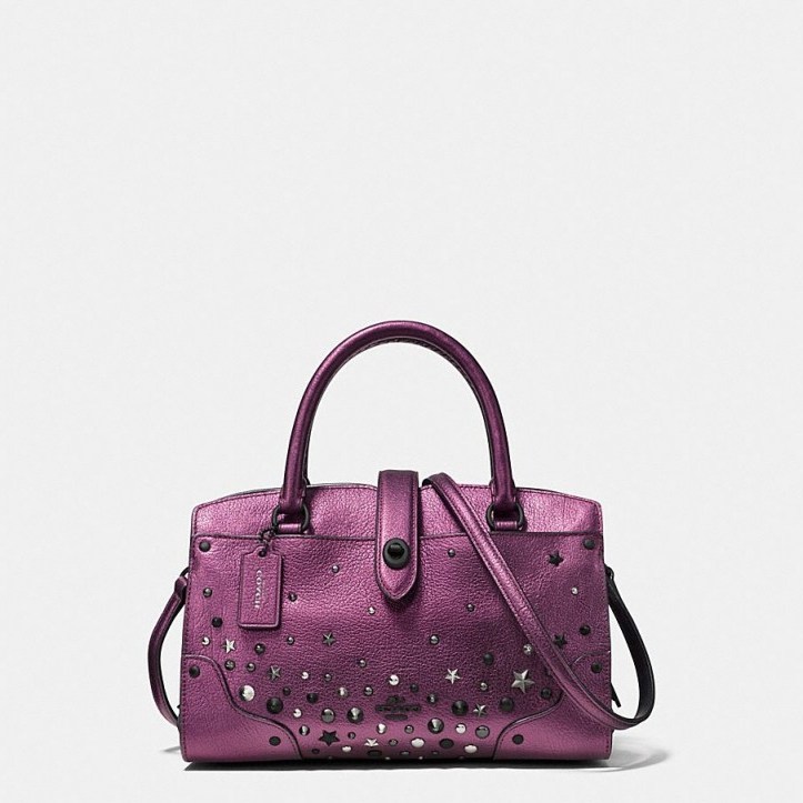 COACH Mercer Satchel 24 In Metallic Leather With Star Rivets MATTE BLACK/METALLIC MAUVE – purple embellished bags - flipped