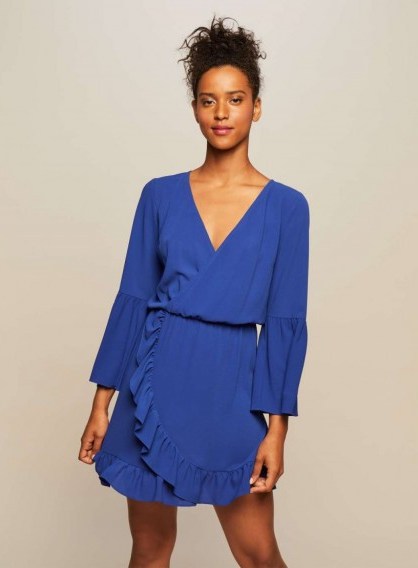 Miss Selfridge Cobalt Fit and Flare Wrap Dress ~ blue frill trimmed going out dresses - flipped