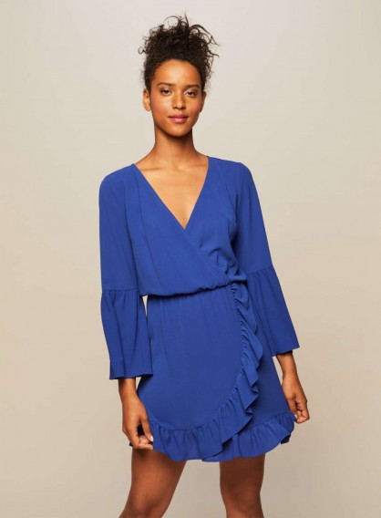 Miss Selfridge Cobalt Fit and Flare Wrap Dress ~ blue frill trimmed going out dresses