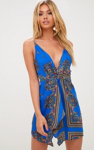 PRETTY LITTLE THING COBALT STRAPPY WRAP FRONT BODYCON DRESS – blue plunging party dresses - flipped