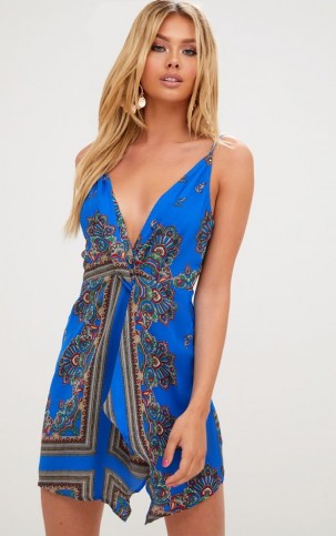 PRETTY LITTLE THING COBALT STRAPPY WRAP FRONT BODYCON DRESS – blue plunging party dresses