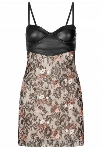 La Perla COCKTAIL LOOKS BLACK SHORT LEATHER AND EMBROIDERED LACE DRESS WITH BUILT-IN BRA / floral mini - flipped