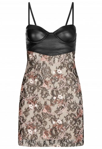 La Perla COCKTAIL LOOKS BLACK SHORT LEATHER AND EMBROIDERED LACE DRESS WITH BUILT-IN BRA / floral mini