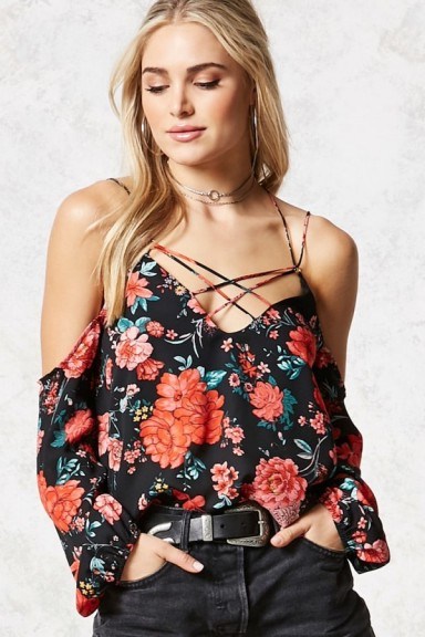 Forever 21 Contemporary Floral Top | front strappy cold shoulder tops - flipped