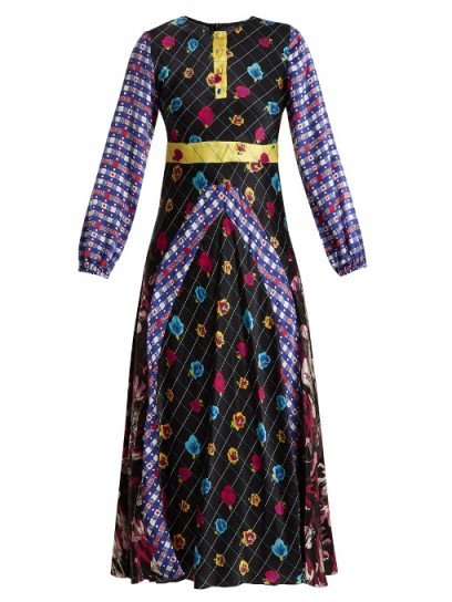 DURO OLOWU Contrast-panel floral and check-print satin dress