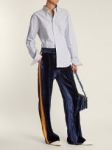 SERENA BUTE Contrast-striped wide-leg velvet trousers ~ casual navy-blue pants ~ sports luxe