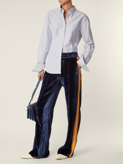 SERENA BUTE Contrast-striped wide-leg velvet trousers ~ casual navy-blue pants ~ sports luxe - flipped