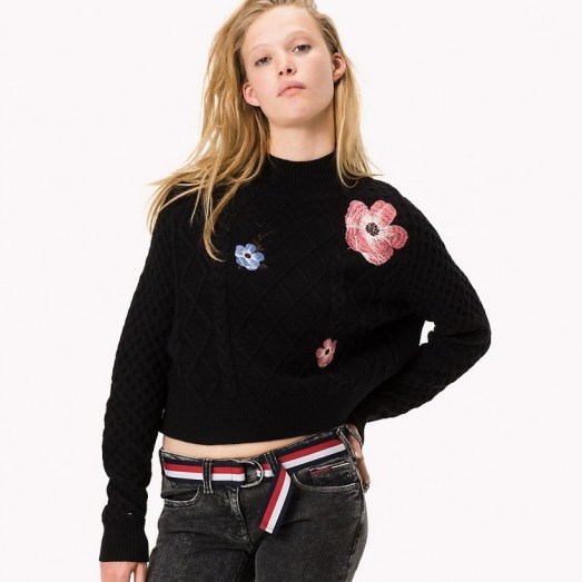 HILFIGER DENIM Cotton Wool Blend Cropped Jumper | black floral embroidered jumpers | turtleneck sweaters | knitwear - flipped