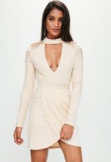missguided cream choker neck pleated details dress | plunge front going out dresses