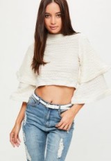 missguided cream frill sleeve textured jumper – cropped jumpers – autumn knitwear