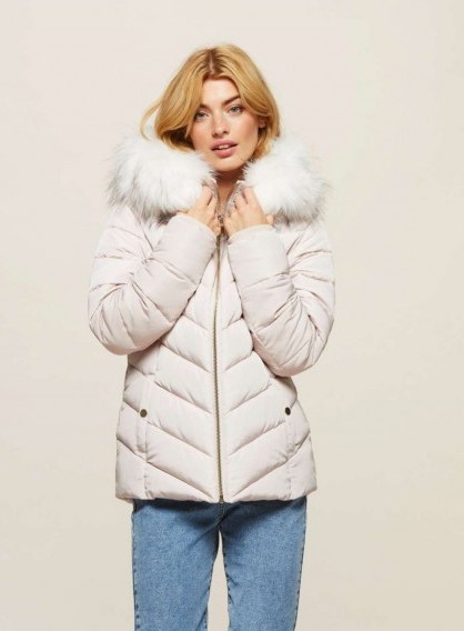 MISS SELFRIDGE Cream Fur Hooded Quilted Puffer Coat - flipped