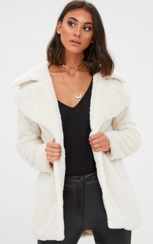 PRETTY LITTLE THING CREAM MID LENGTH FAUX FUR COAT - flipped