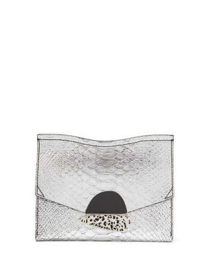 PROENZA SCHOULER Curl small python-effect leather clutch ~ silver metallic bags - flipped