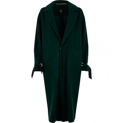 River Island Dark green tie cuff coat – stylish autumn/winter coats - flipped