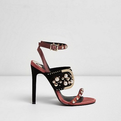 RIVER ISLAND Dark red studded buckle barely there sandals – embellished party heels - flipped