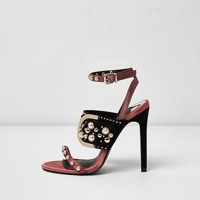 RIVER ISLAND Dark red studded buckle barely there sandals – embellished party heels