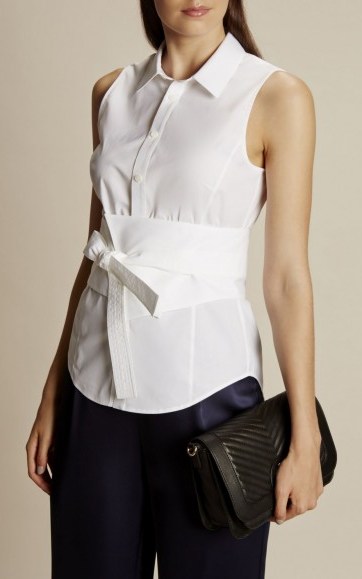 KAREN MILLEN DECONSTRUCT SHIRT – WHITE ~ front tie sleeveless shirts - flipped