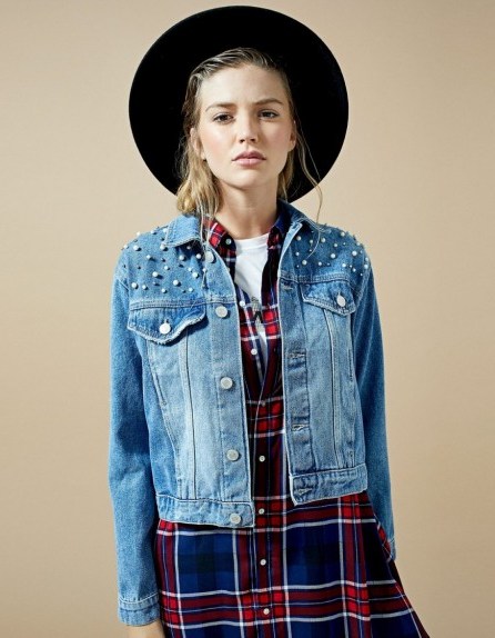 STRADIVARIUS Denim jacket with faux pearls | casual blue jackets - flipped