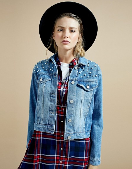 STRADIVARIUS Denim jacket with faux pearls | casual blue jackets