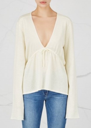LE KASHA Denver fine-knit cashmere jumper | white deep V jumpers | front gathered sweaters | knitwear - flipped