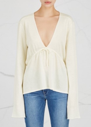 LE KASHA Denver fine-knit cashmere jumper | white deep V jumpers | front gathered sweaters | knitwear