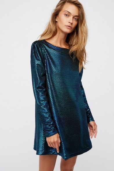 FREE PEOPLE Diamonds Are Forever Dress ~ metallic teal party dresses - flipped
