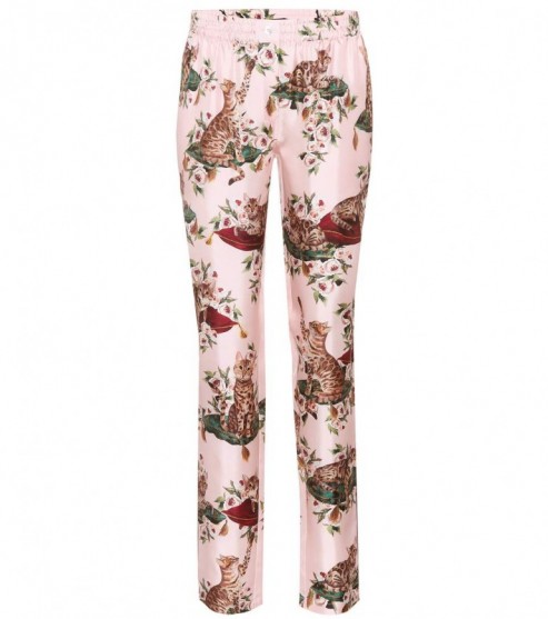 DOLCE & GABBANA pink cat print silk trousers