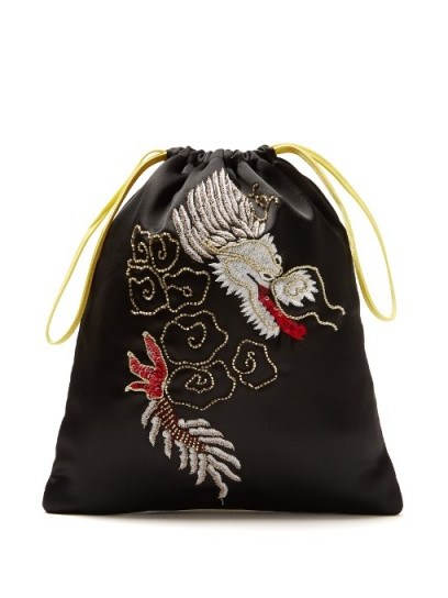 ATTICO Dragon-embroidered satin pouch ~ small black bags ~ oriental style - flipped