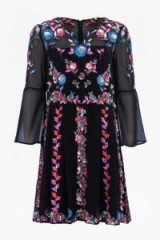 French Connection EDITH FLORAL BELL SLEEVE FLARED DRESS / embroidered fluted sleeved dresses
