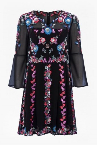 French Connection EDITH FLORAL BELL SLEEVE FLARED DRESS / embroidered fluted sleeved dresses - flipped
