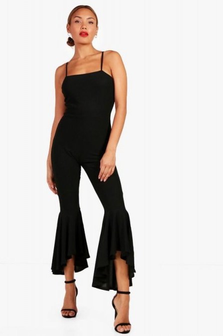 boohoo Ellie Ruffle Leg Strappy Jumpsuit – going out fashion – kick flare jumpsuits - flipped