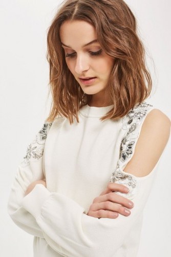 Topshop Embellished Shoulder Sweat – casual luxe style tops – ivory cut out sweatshirts - flipped