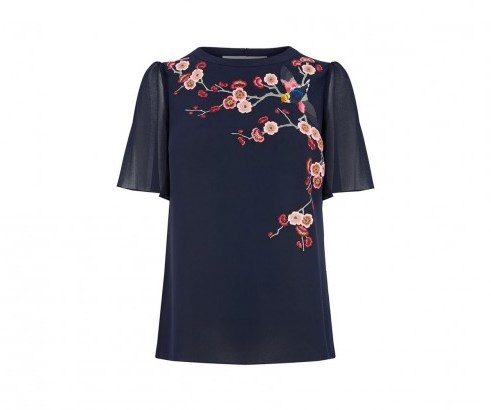 OASIS EMBROIDERED ANGEL SLEEVE TOP ~ navy blue floral tops - flipped