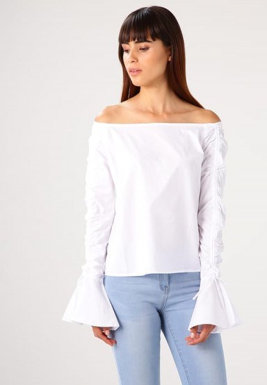Fashion Union TYGER Blouse | white ruched sleeve bardot blouses/tops - flipped