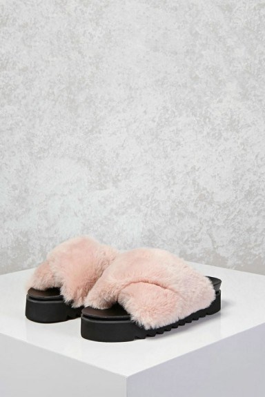 Forever 21 Faux Fur Platform Sandals | blush-pink fluffy flats - flipped